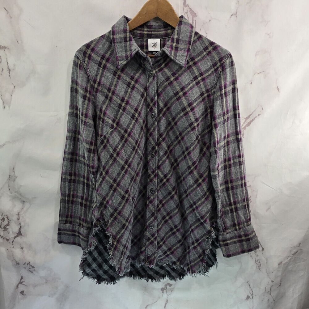 CAbi Shirt Women Small Grey Purple Button Up Plaid Frayed Highland Longline 3946